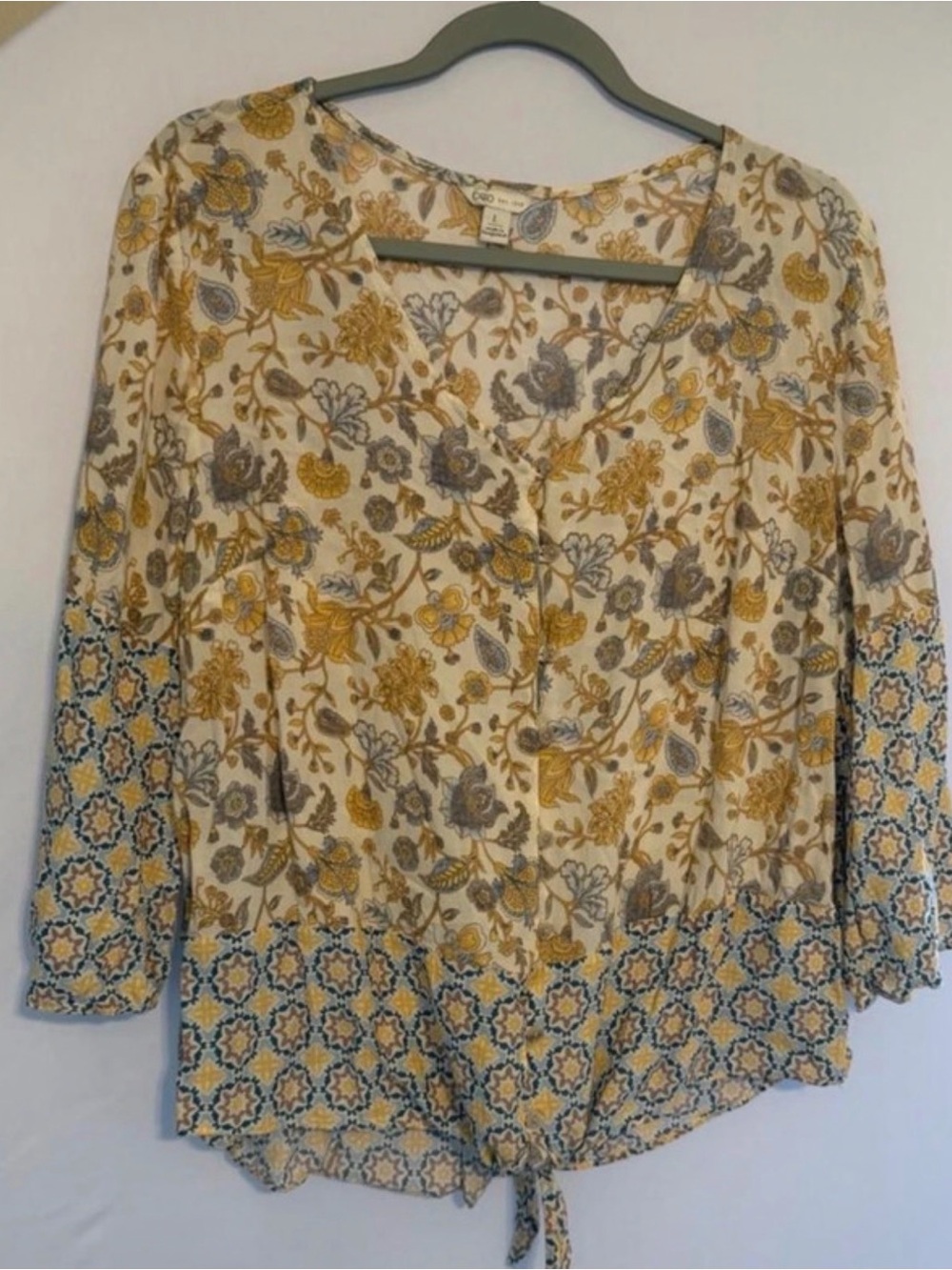 Floral Tie-Hem Blouse - Yellow & Blue